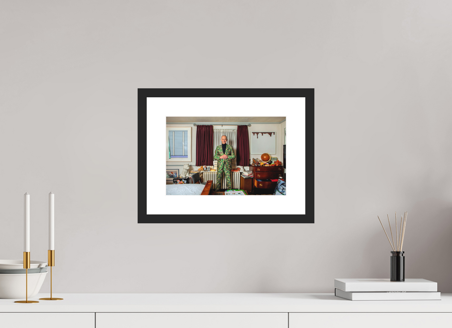 12 x 8″, Solid 0.8" Black Wood Frame With 2" Natural White Passe-Partout with Museum Glass Director John Waters in his Bedroom