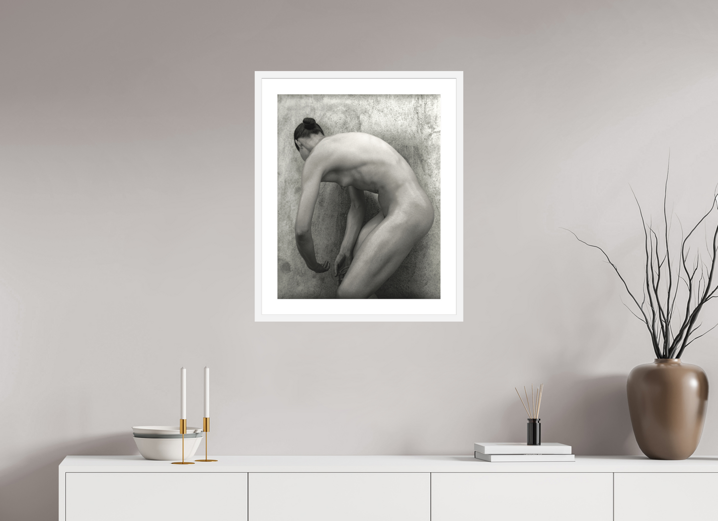 20 x 25″, Solid 0.8" White Wood Frame With 2" Natural White Passe-Partout with Museum Glass Nude No. 60