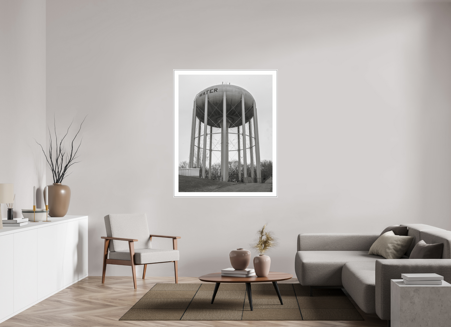 43 x 53.7″, White Matte Frame Grey Water Tower