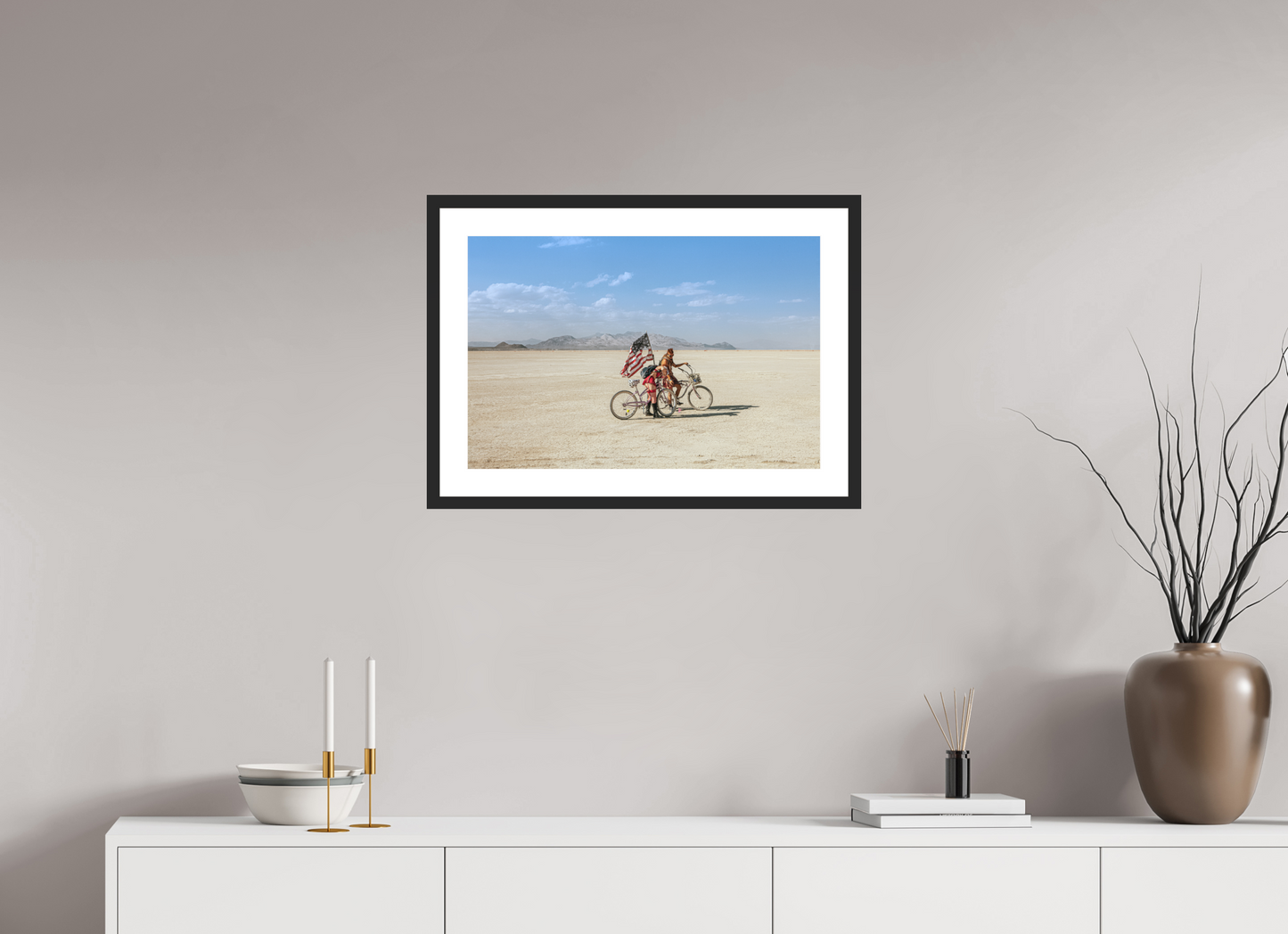 24 x 16″, Solid 0.8" Black Wood Frame With 2" Natural White Passe-Partout with Museum Glass Burning Man - Two with Bikes and USA Flag