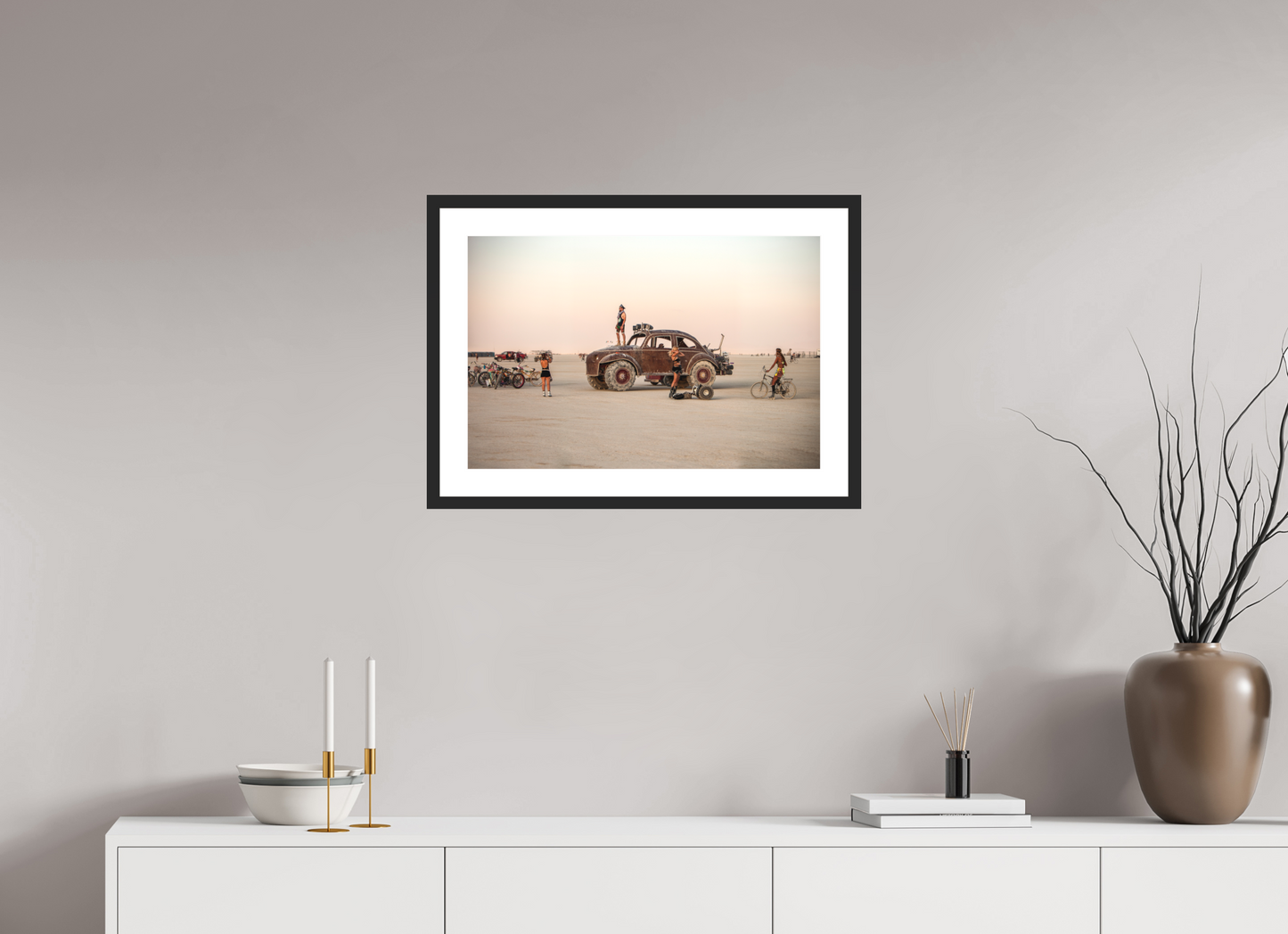 24 x 16″, Solid 0.8" Black Wood Frame With 2" Natural White Passe-Partout with Museum Glass Burning Man - Art Car Large VW - Full Frame