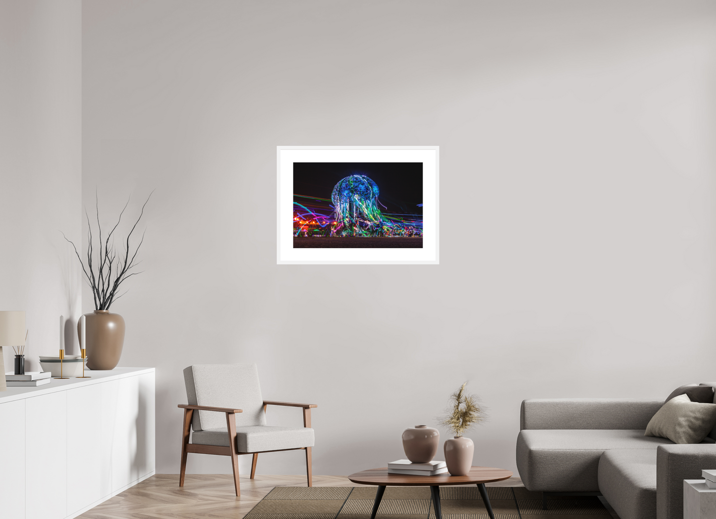 30 x 20″, Solid 0.8" White Wood Frame With 3" Natural White Passe-Partout with Museum Glass Burning Man - Glass Jellyfish