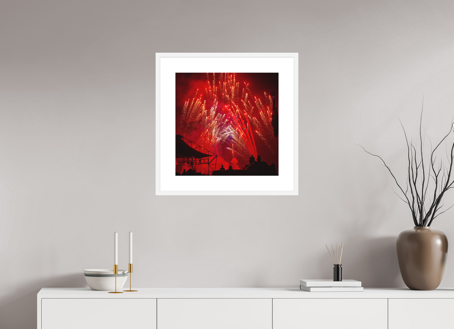 20 x 20″, Solid 0.8" White Wood Frame With 3" Natural White Passe-Partout with Museum Glass Burning Man - Red Fireworks (square format)