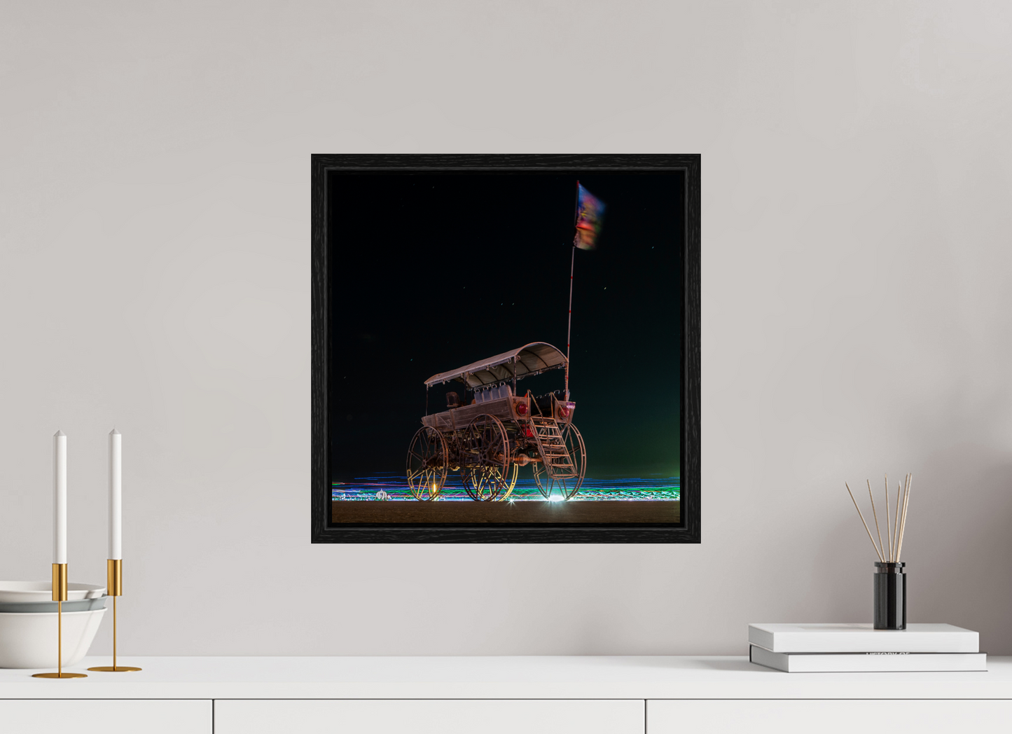 15 x 15″, Floater Frame Burning Man - Art Car with Flag