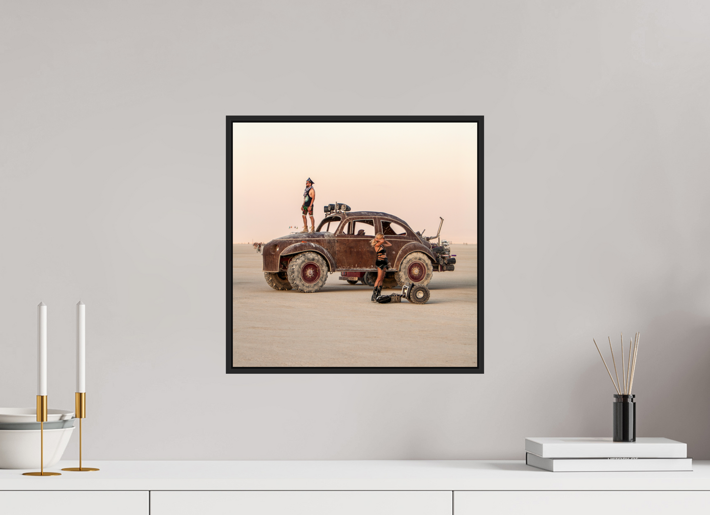 15 x 15″, Black Matte Frame, No Border Burning Man - Art Car Large VW
