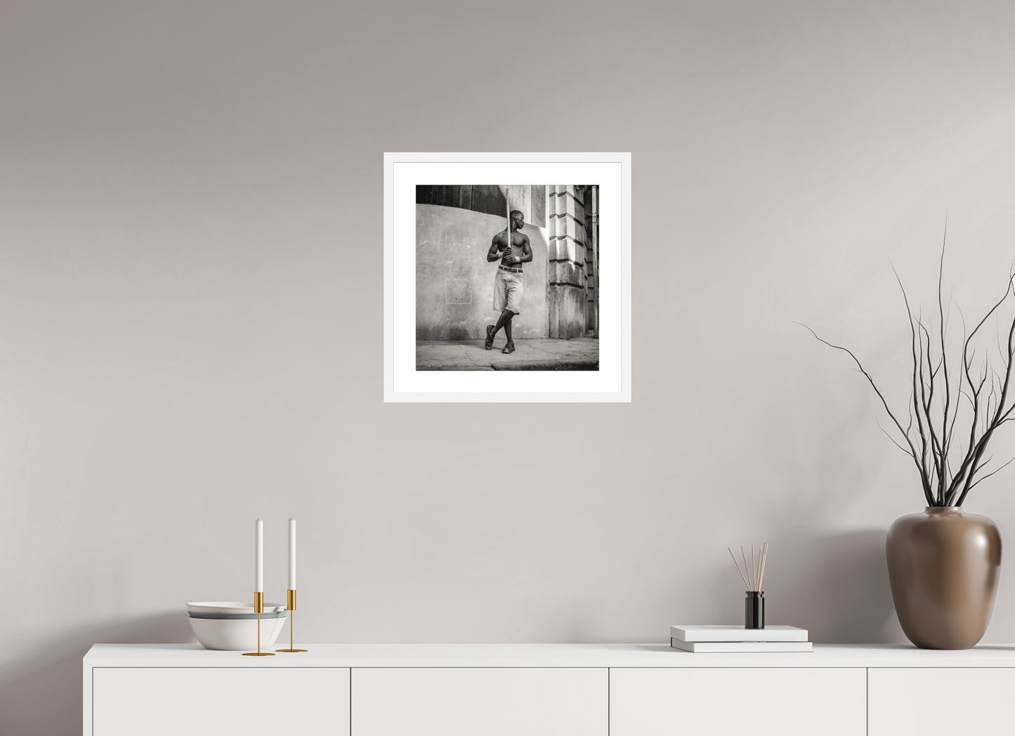 16 x 16.2″, Solid 0.8" White Wood Frame With 2" Natural White Passe-Partout with Museum Glass Cuban Boy Playing Stickball, Havana