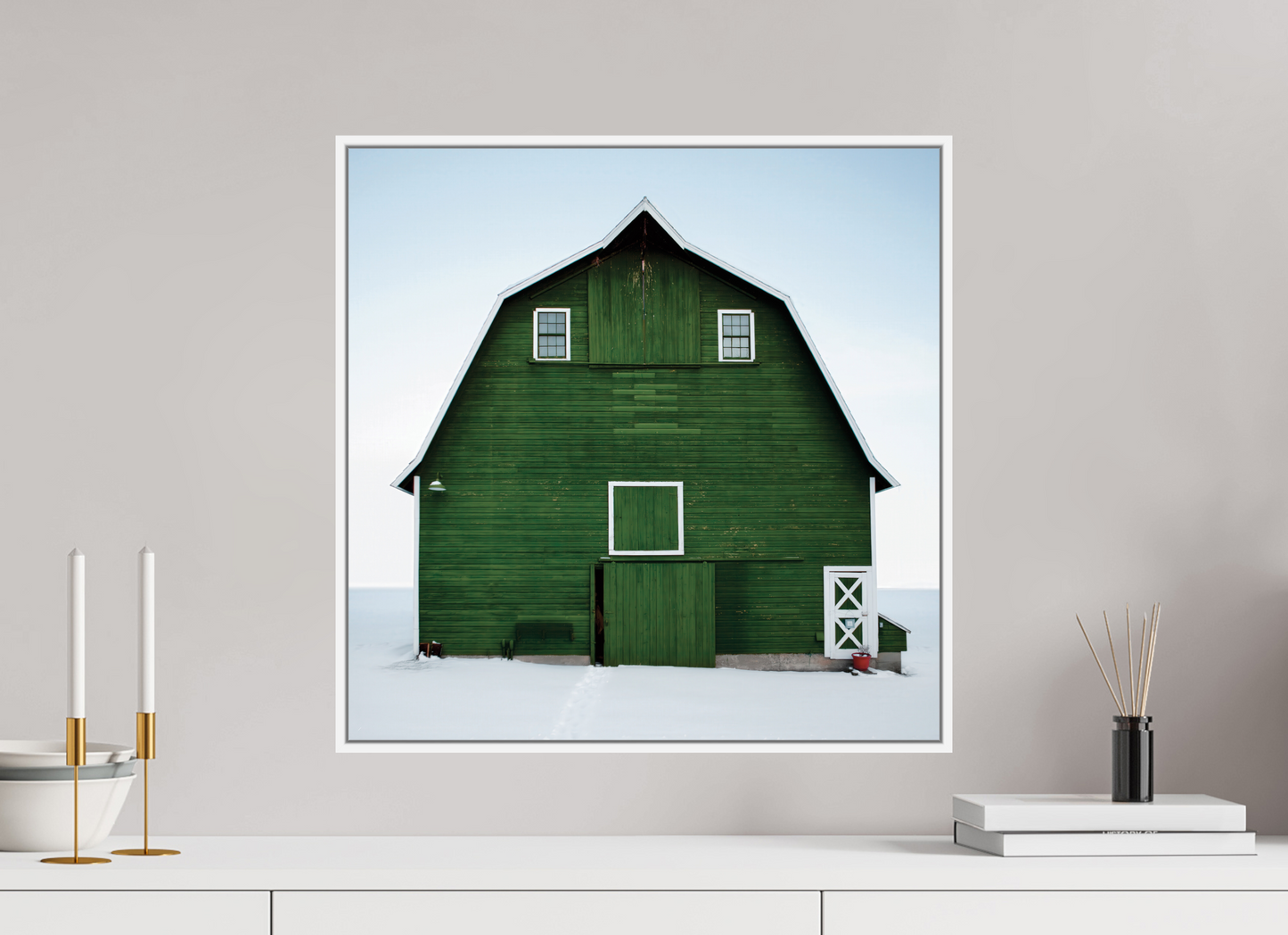 20 x 20″, White Matte Frame, No Border Green Barn