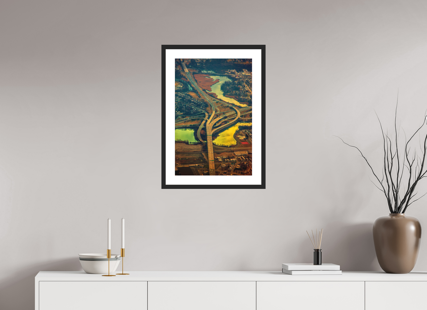 16 x 24″, Solid 0.8" Black Wood Frame With 2" Natural White Passe-Partout with Museum Glass Aerial View of Highway