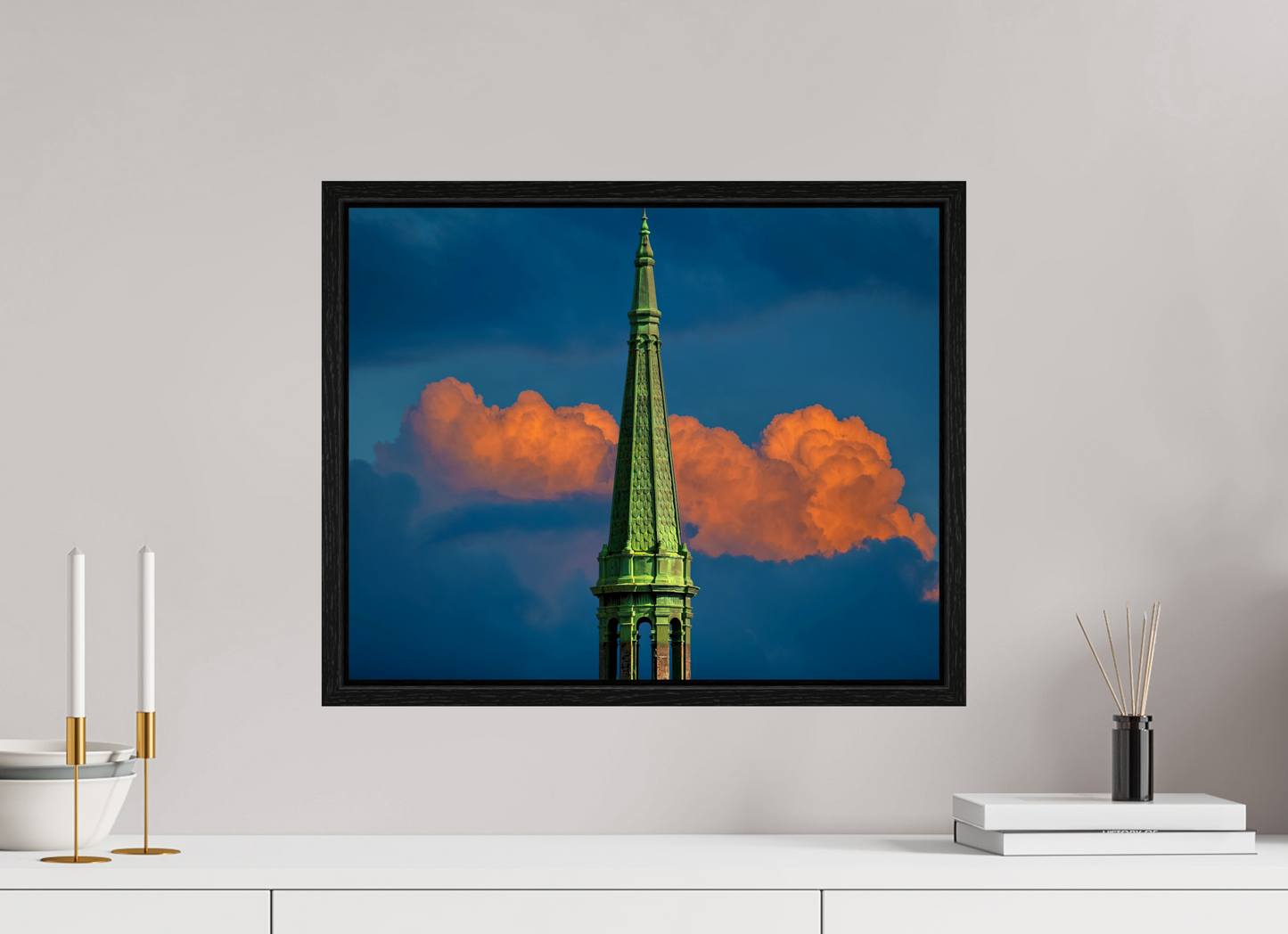 20 x 16″, Floater Frame Orange Clouds and the top of the Sherry Netherland Hotel