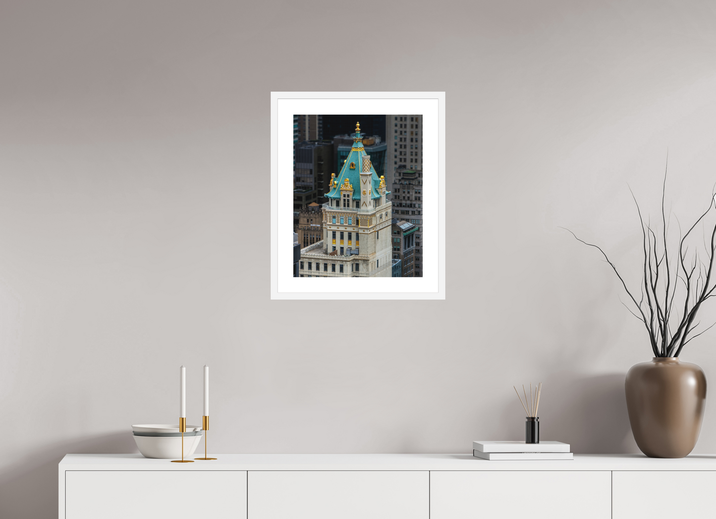 16 x 20″, Solid 0.8" White Wood Frame With 2" Natural White Passe-Partout with Museum Glass The Heckscher Building