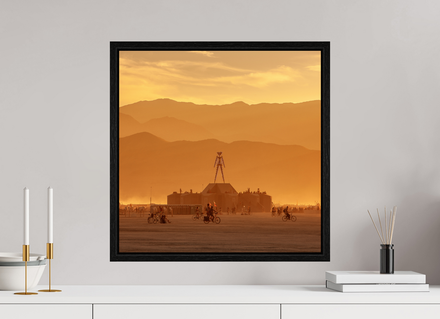 20 x 20″, Floater Frame Burning Man with Mountains