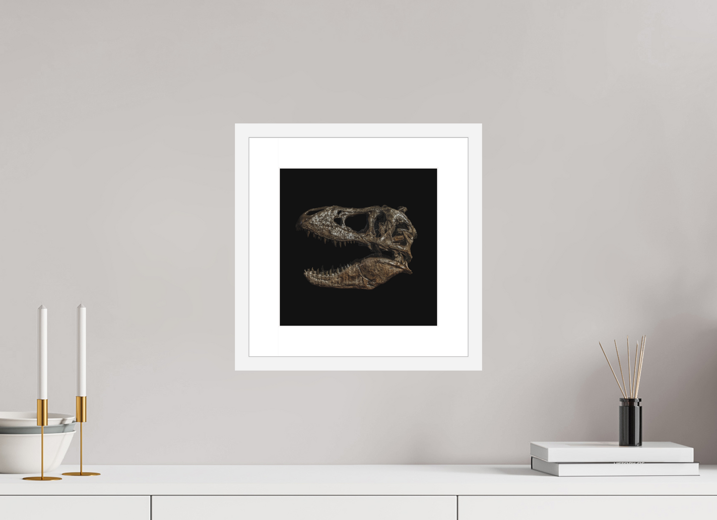 10 x 10″, Solid 0.8" White Wood Frame With 2" Natural White Passe-Partout with Museum Glass T-Rex Skull