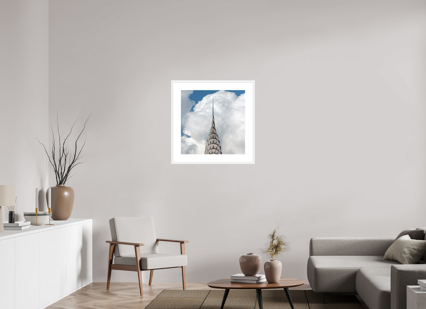 25 x 25″, Solid 0.8" White Wood Frame With 3" Natural White Passe-Partout with Museum Glass Chrysler Building with Clouds