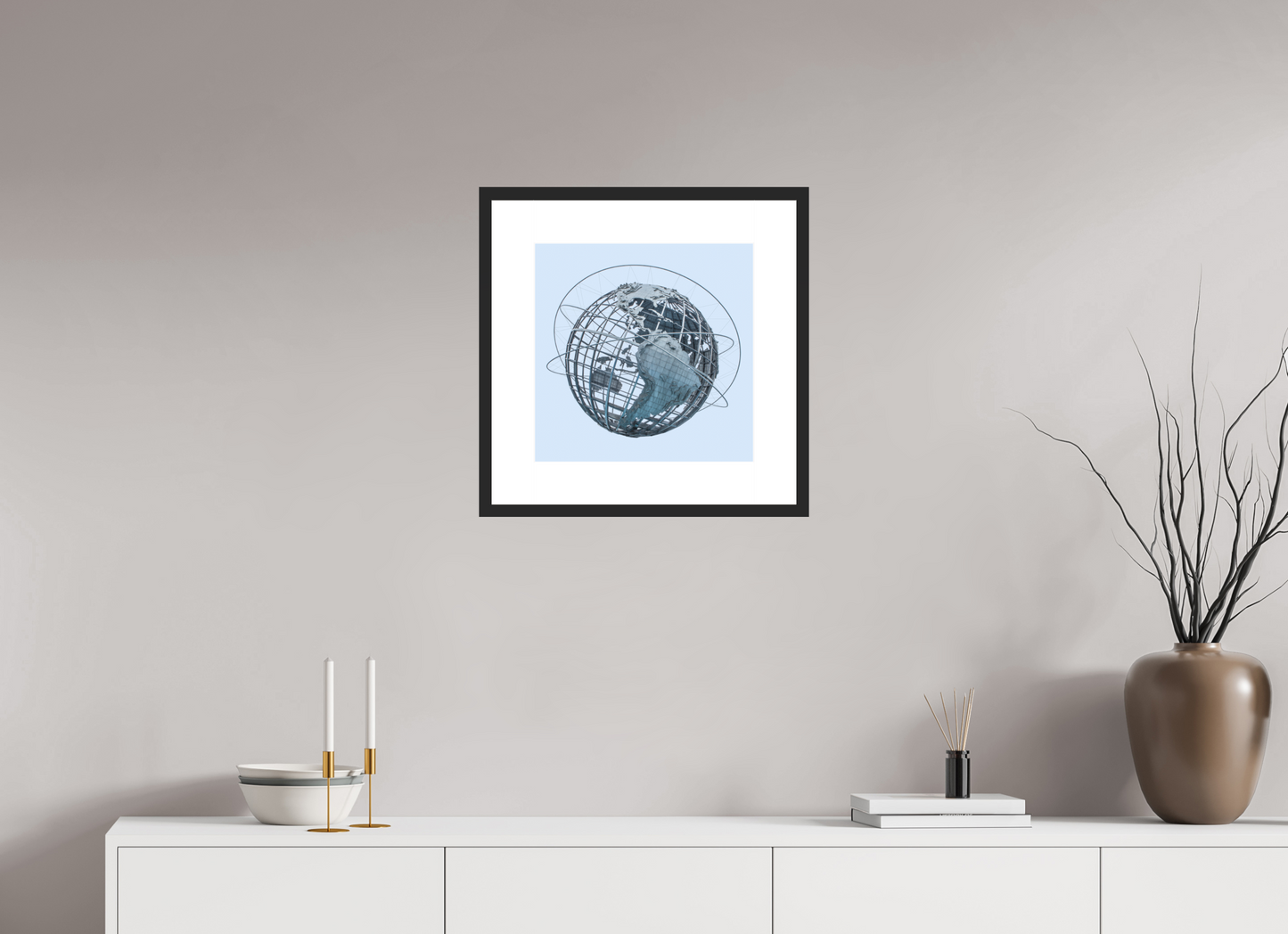 15 x 15″, Solid 0.8" Black Wood Frame With 3" Natural White Passe-Partout with Museum Glass Unisphere