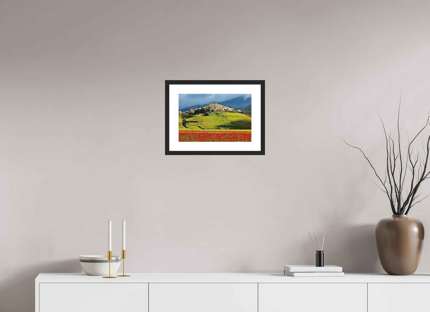 15 x 10″, Solid 0.8" Black Wood Frame With 2" Natural White Passe-Partout with Museum Glass Castelucci, Umbrian Landscape