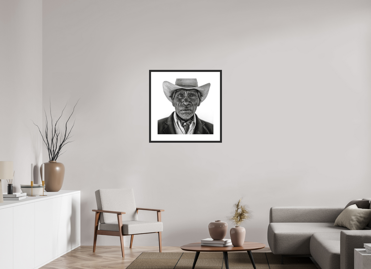 25 x 25″, Solid 0.8" Black Wood Frame With 3" Natural White Passe-Partout with Museum Glass Tarahumara Cowboy