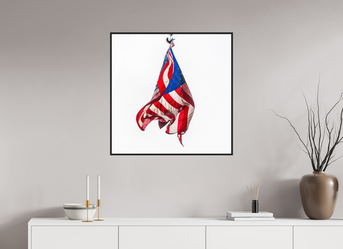 30 x 30″, Black Matte Frame, No Border Crumpled USA Flag
