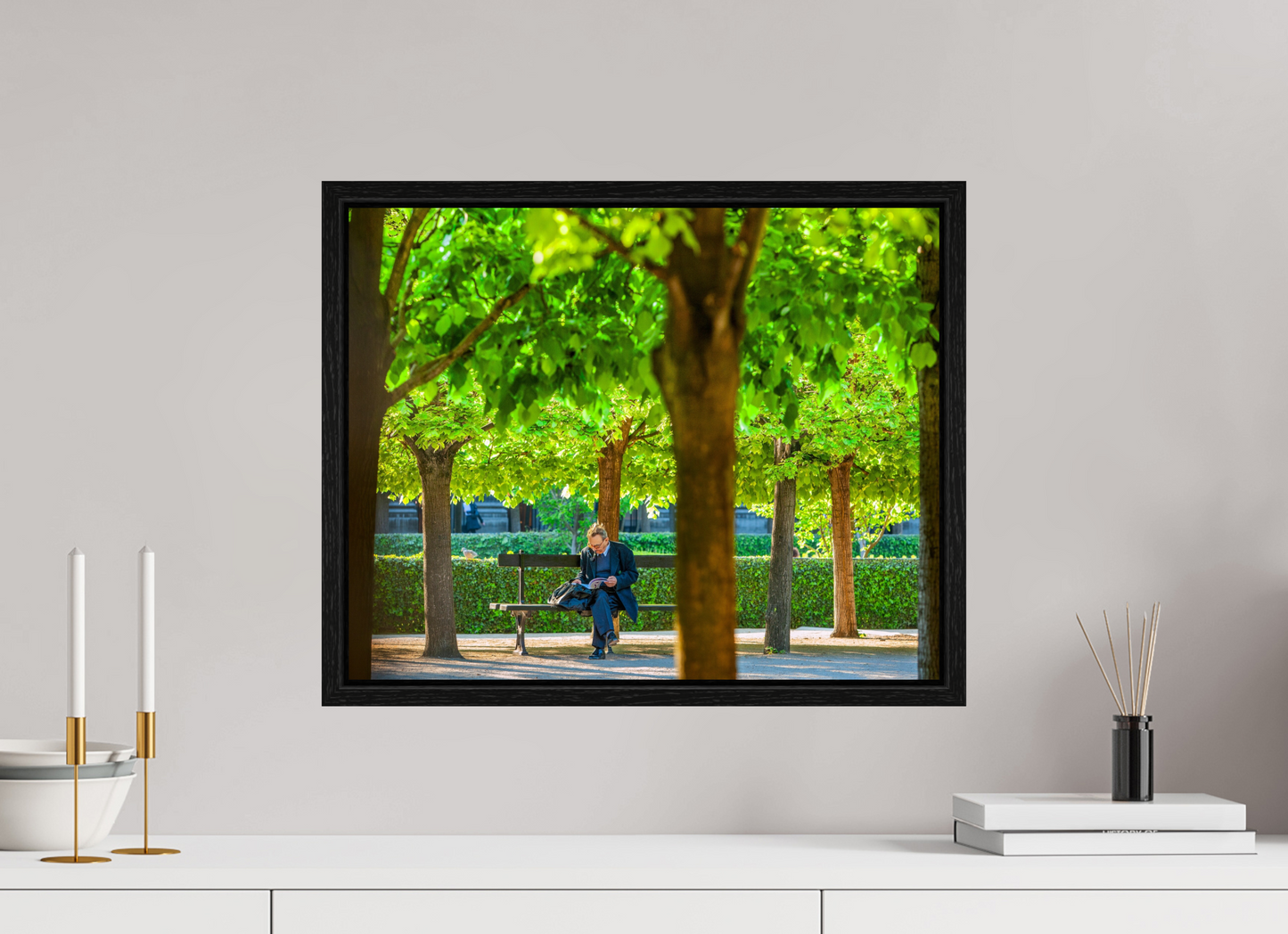 20 x 16″, Floater Frame Man Reading in Paris Garden
