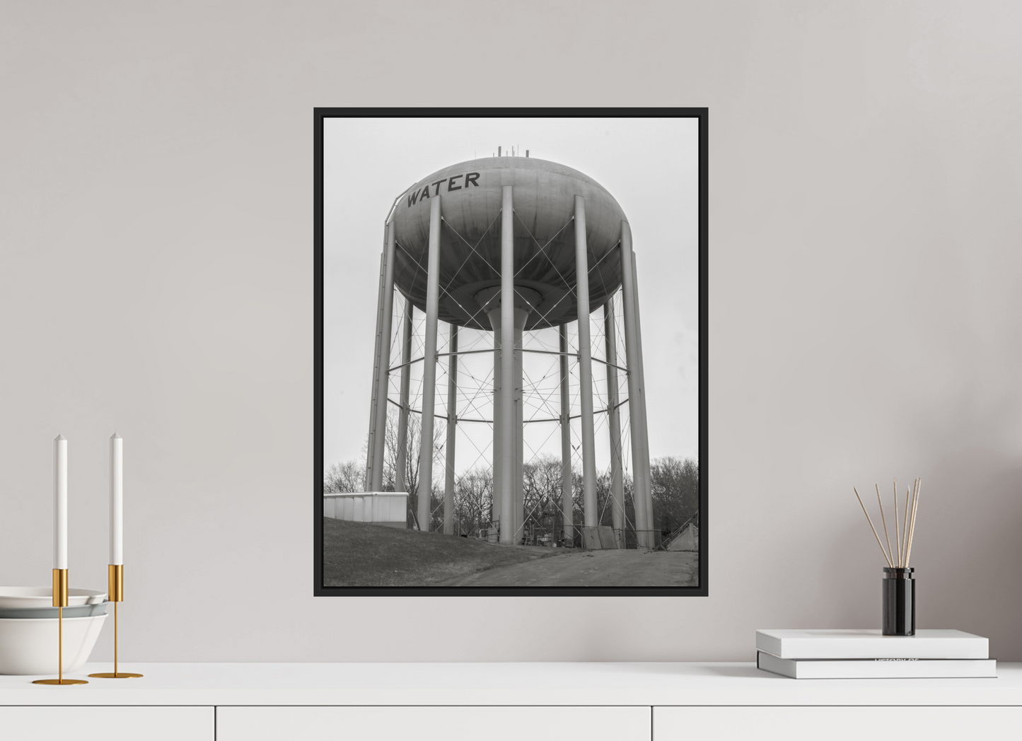 16 x 20″, Black Matte Frame, No Border Grey Water Tower