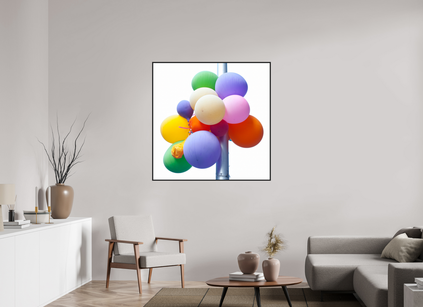 Colorful Ballons Tied to a Lamp Post