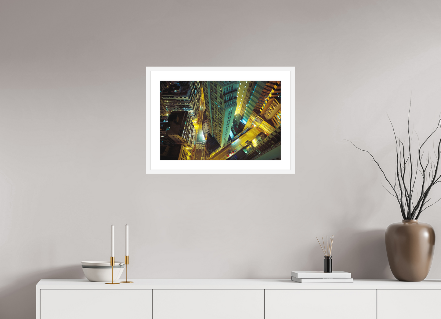 24 x 16″, Solid 0.8" White Wood Frame With 2" Natural White Passe-Partout with Museum Glass Downtown Hong Kong