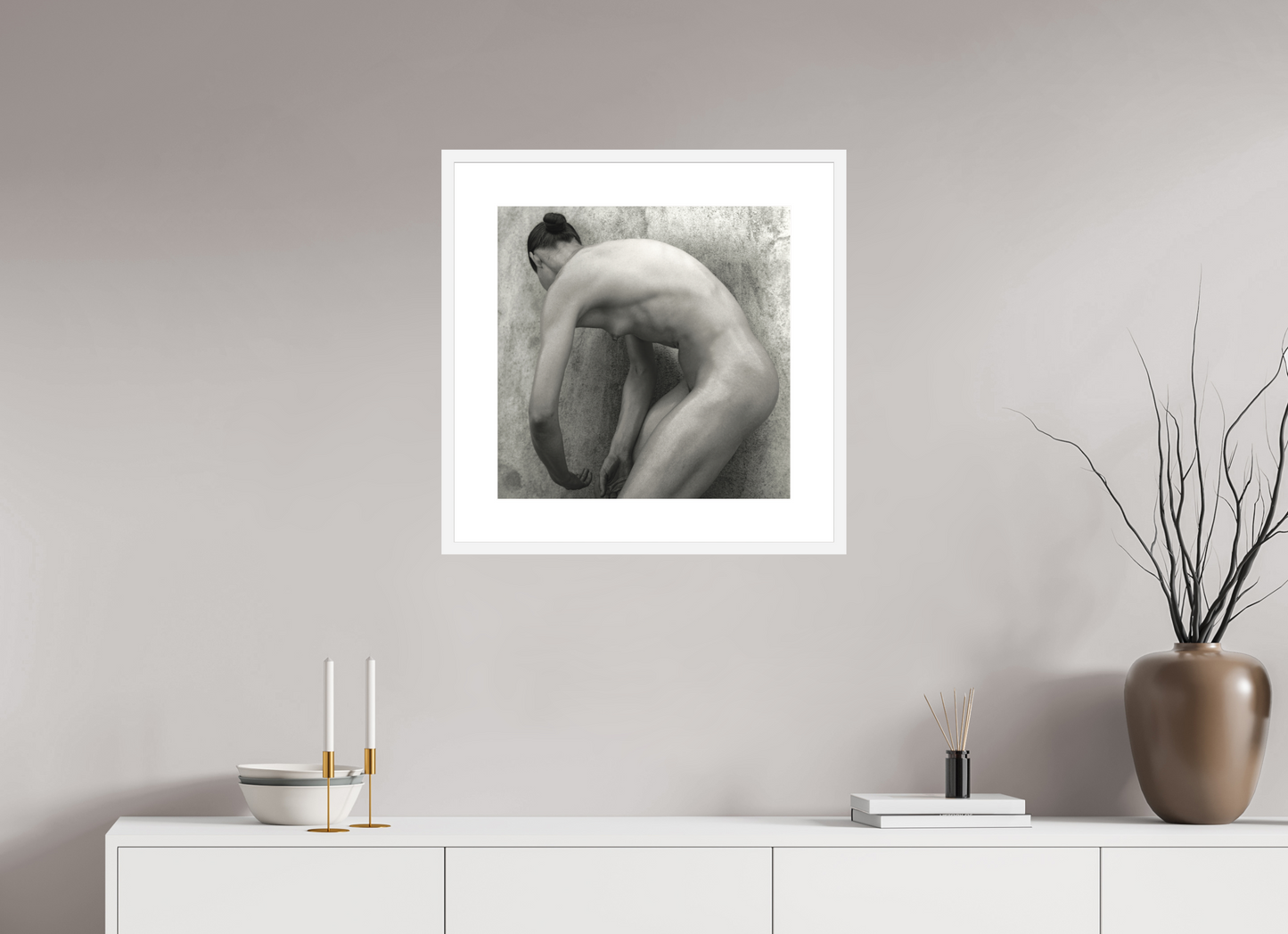 20 x 20″, Solid 0.8" White Wood Frame With 3" Natural White Passe-Partout with Museum Glass Nude No. 60 - square