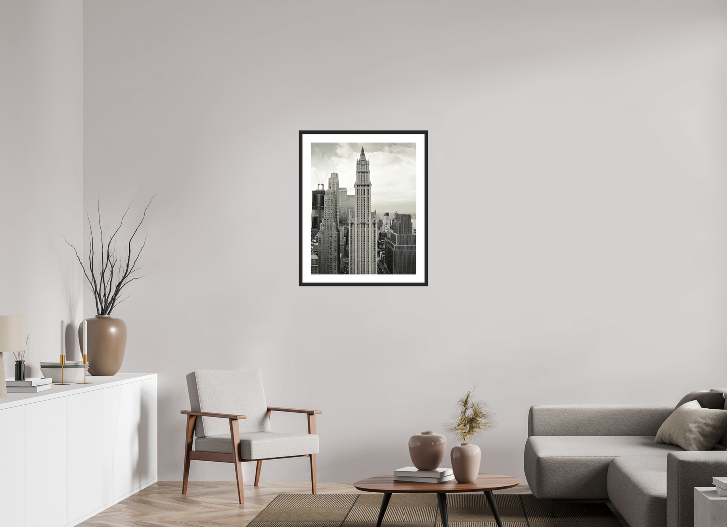 24 x 30″, Solid 0.8" Black Wood Frame With 2" Natural White Passe-Partout with Museum Glass The Woolworth Building