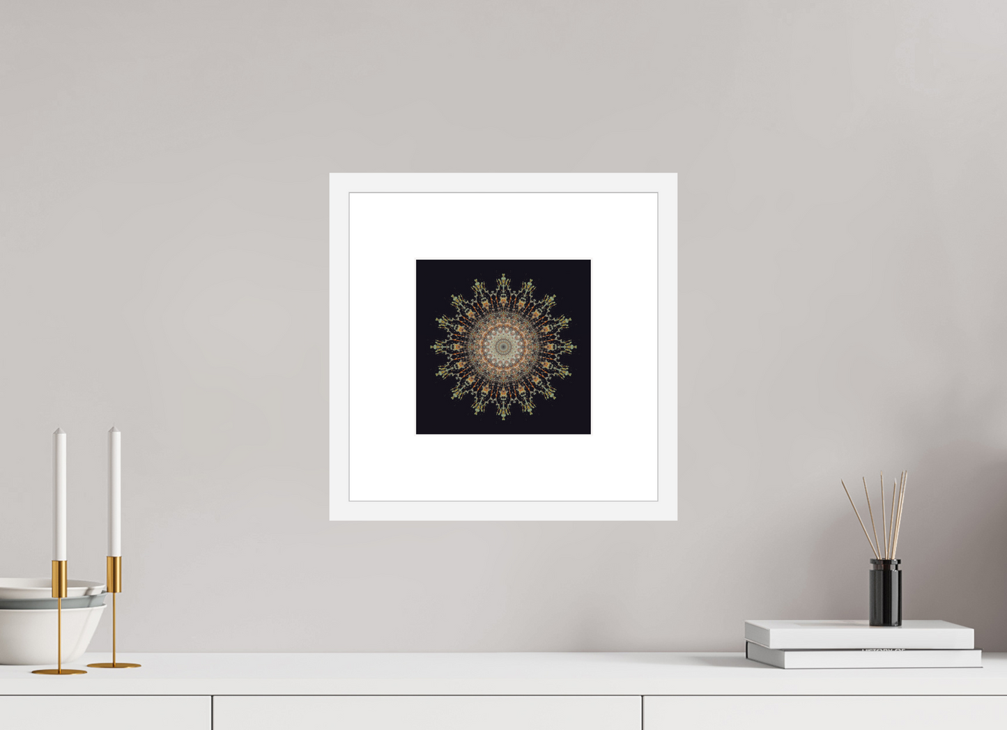 8 x 8″, Solid 0.8" White Wood Frame With 3" Natural White Passe-Partout with Museum Glass Water Mandala No. 4092