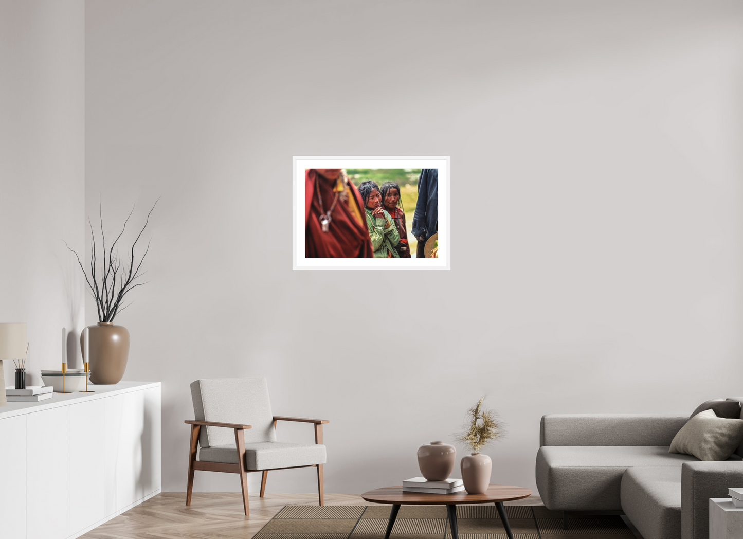 29.7 x 20″, Solid 0.8" White Wood Frame With 2" Natural White Passe-Partout with Museum Glass Tibetan Girl in Green Jacket