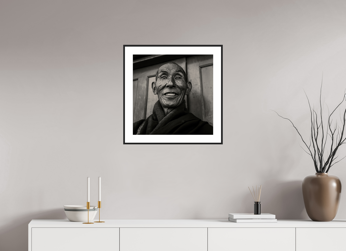 20 x 20″, Black Matte Frame Reincarnated Tibetan Monk