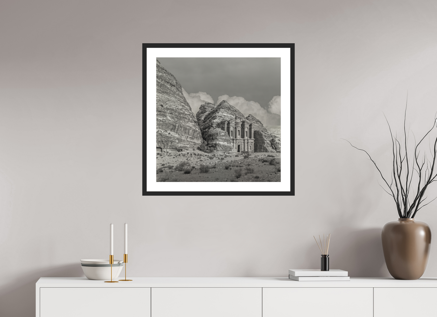 25 x 25″, Solid 0.8" Black Wood Frame With 2" Natural White Passe-Partout with Museum Glass #220 Monastary in Petra