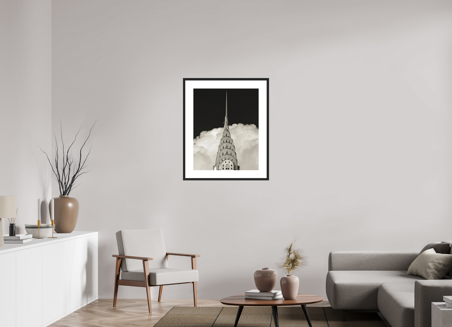24 x 30″, Solid 0.8" Black Wood Frame With 3" Natural White Passe-Partout with Museum Glass Chrysler Building Against Clouds