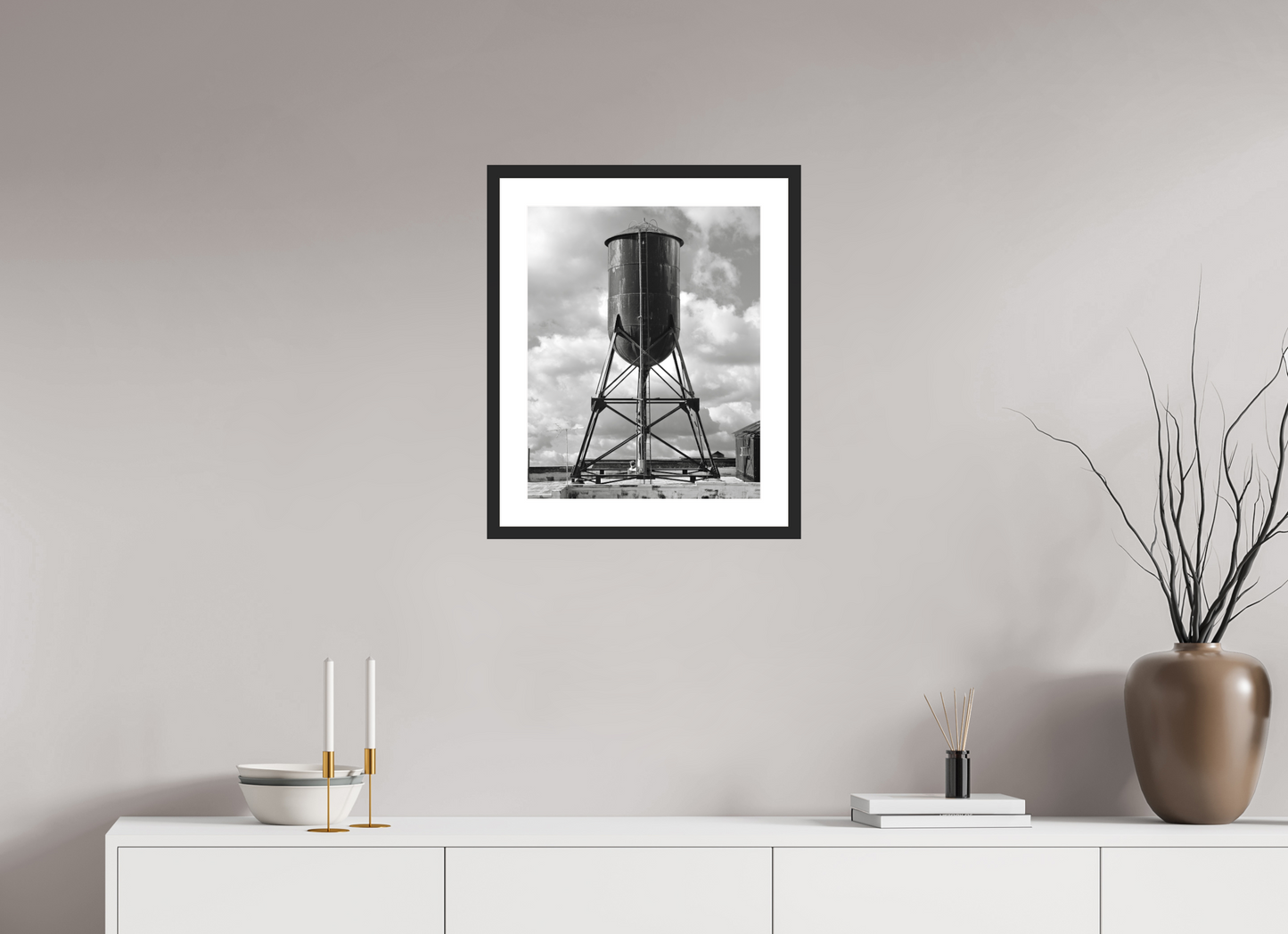 16 x 20″, Solid 0.8" Black Wood Frame With 2" Natural White Passe-Partout with Museum Glass Black Water Tower