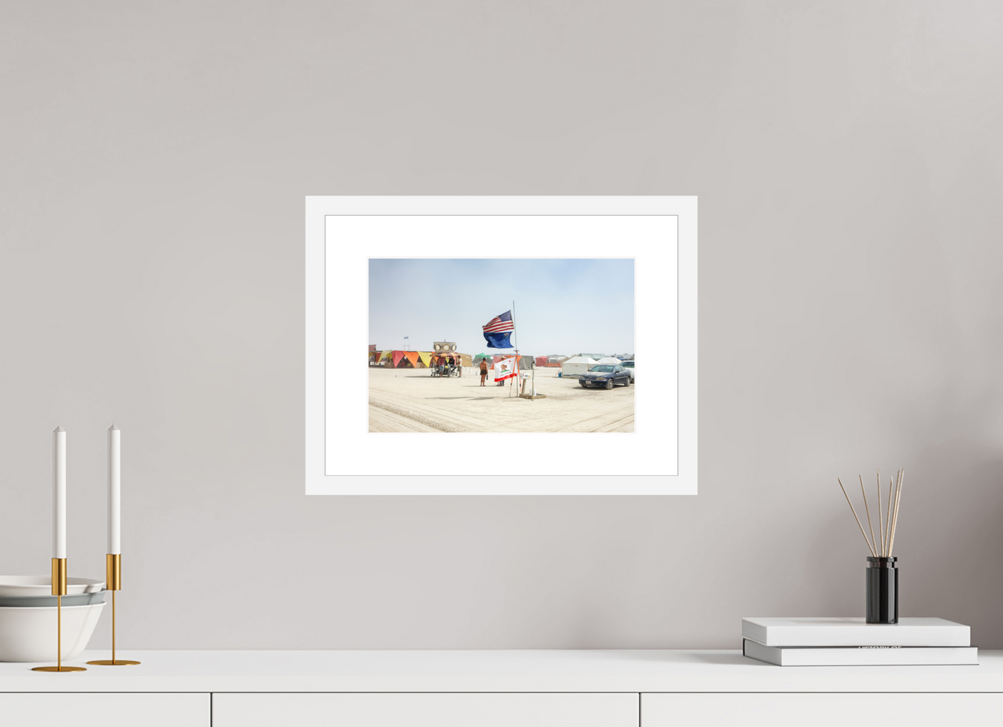 12 x 8″, Solid 0.8" White Wood Frame With 2" Natural White Passe-Partout with Museum Glass Burning Man - Two Flags