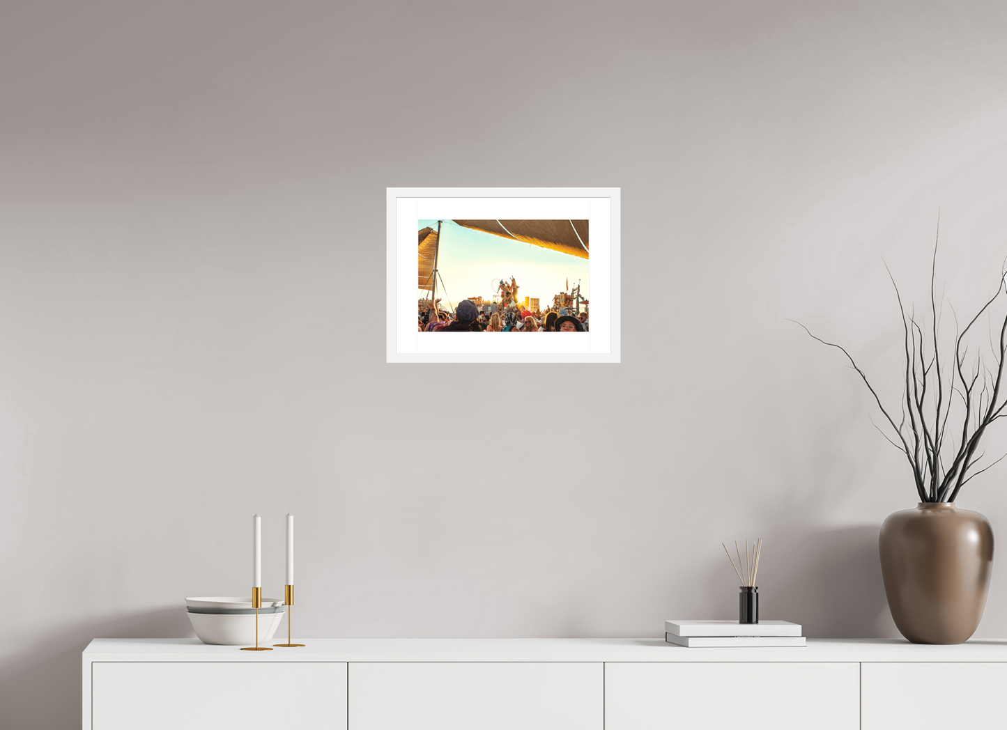 15 x 10″, Solid 0.8" White Wood Frame With 2" Natural White Passe-Partout with Museum Glass Burning Man - Gathering