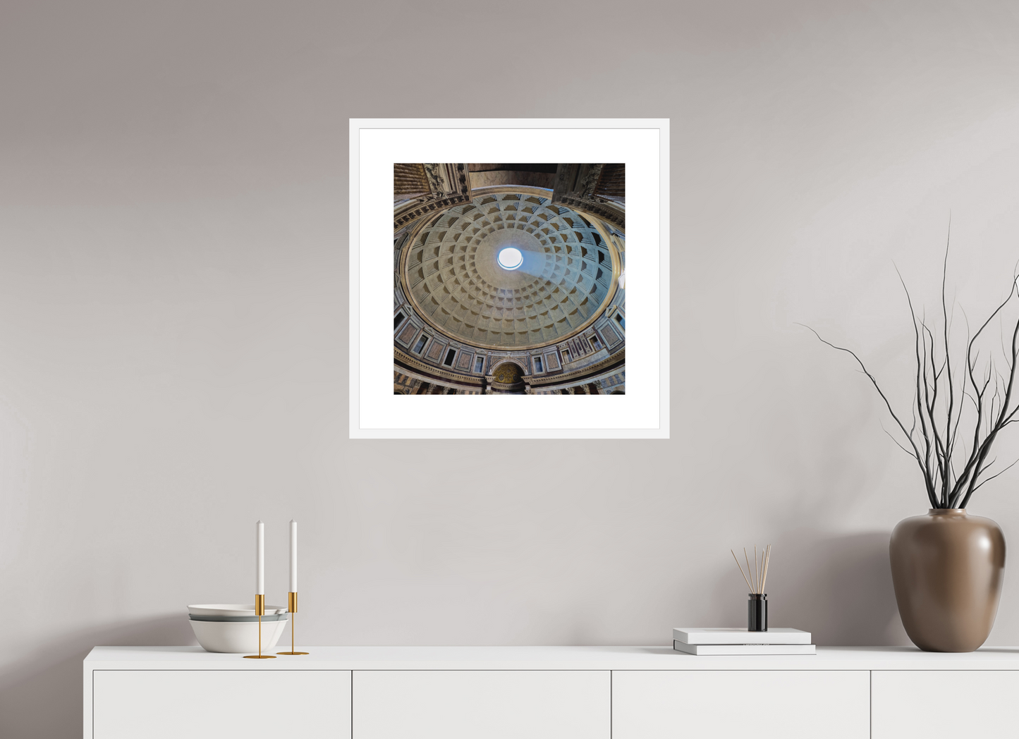 20 x 20″, Solid 0.8" White Wood Frame With 3" Natural White Passe-Partout with Museum Glass Pantheon