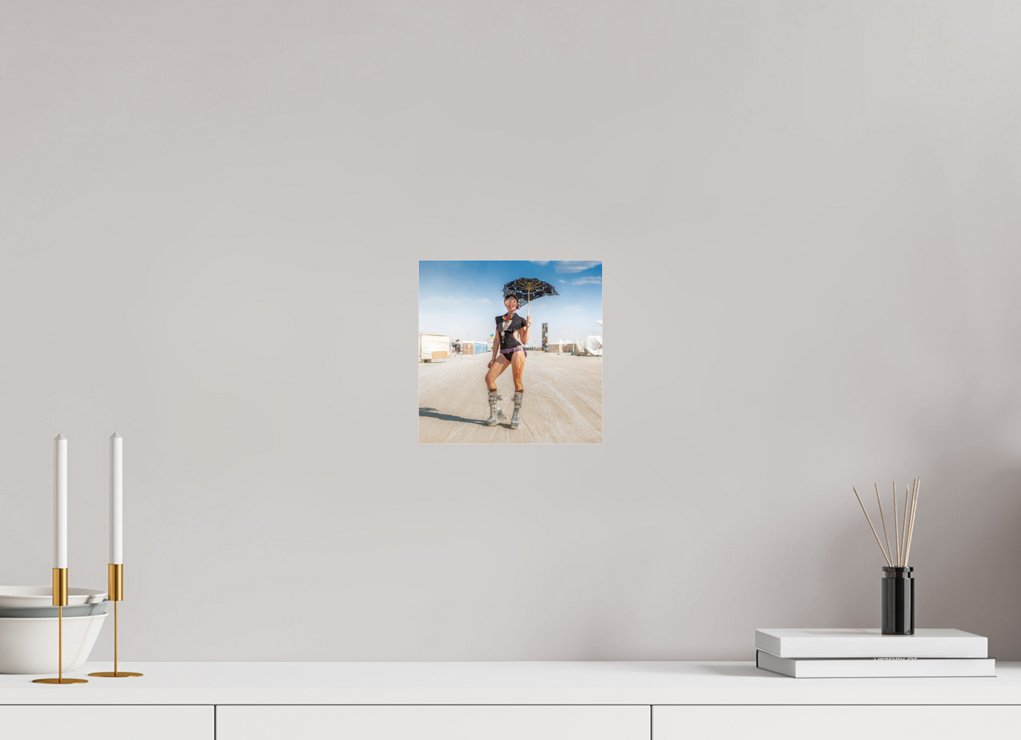 8 x 8″, Frameless Acrylic Glass Burning Man - Attendee with Parasol