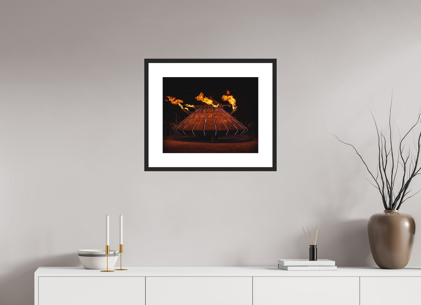 20 x 16″, Solid 0.8" Black Wood Frame With 3" Natural White Passe-Partout with Museum Glass Burning Man - Da Vinci Tank with Flames