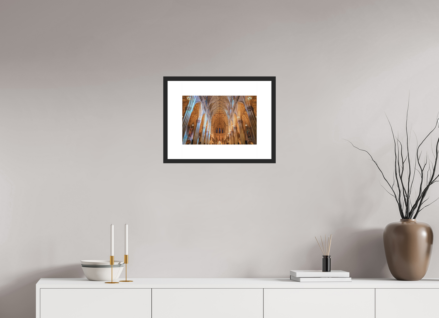 15 x 10″, Solid 0.8" Black Wood Frame With 3" Natural White Passe-Partout with Museum Glass St. Patrick's Cathedral