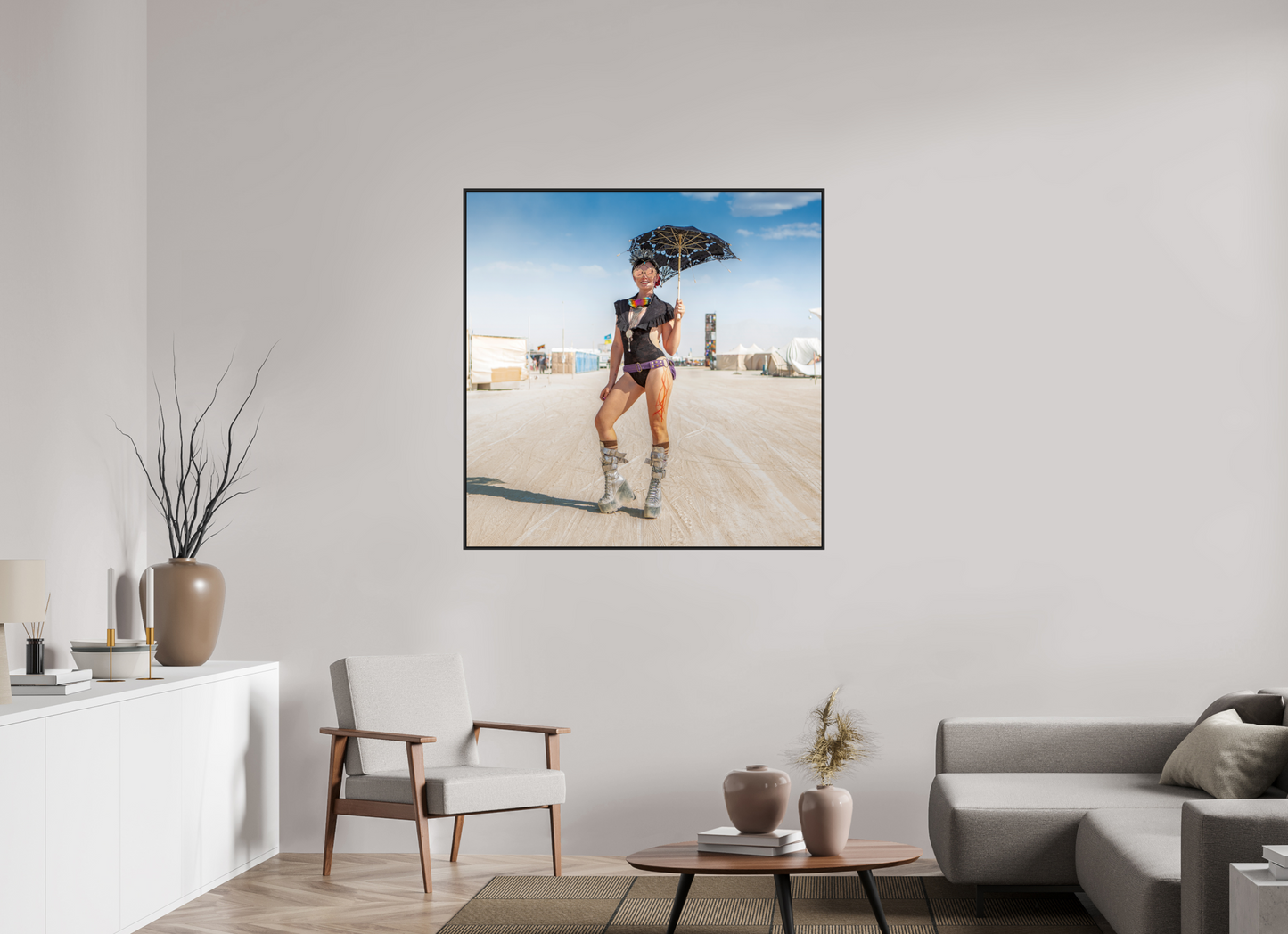 45 x 45″, Black Matte Frame, No Border Burning Man - Attendee with Parasol