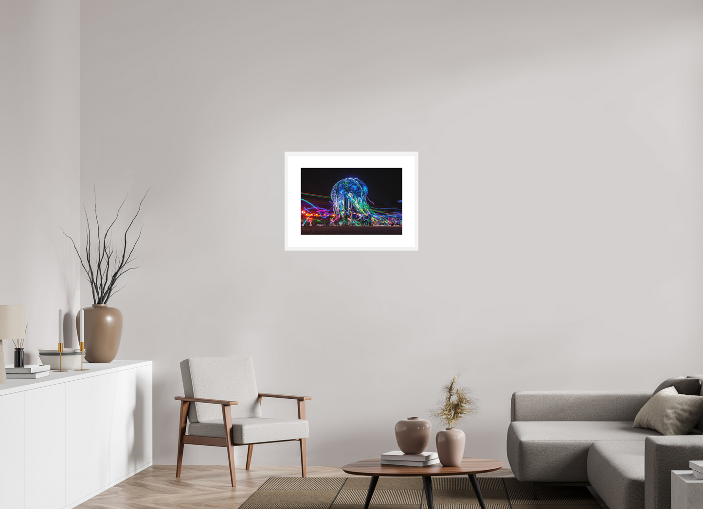 24 x 16″, Solid 0.8" White Wood Frame With 3" Natural White Passe-Partout with Museum Glass Burning Man - Glass Jellyfish