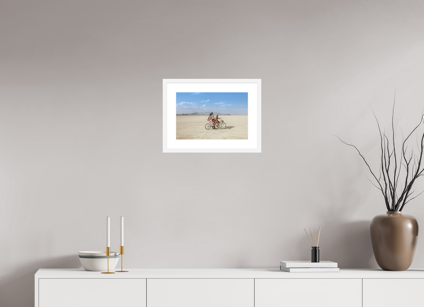 15 x 10″, Solid 0.8" White Wood Frame With 2" Natural White Passe-Partout with Museum Glass Burning Man - Two with Bikes and USA Flag