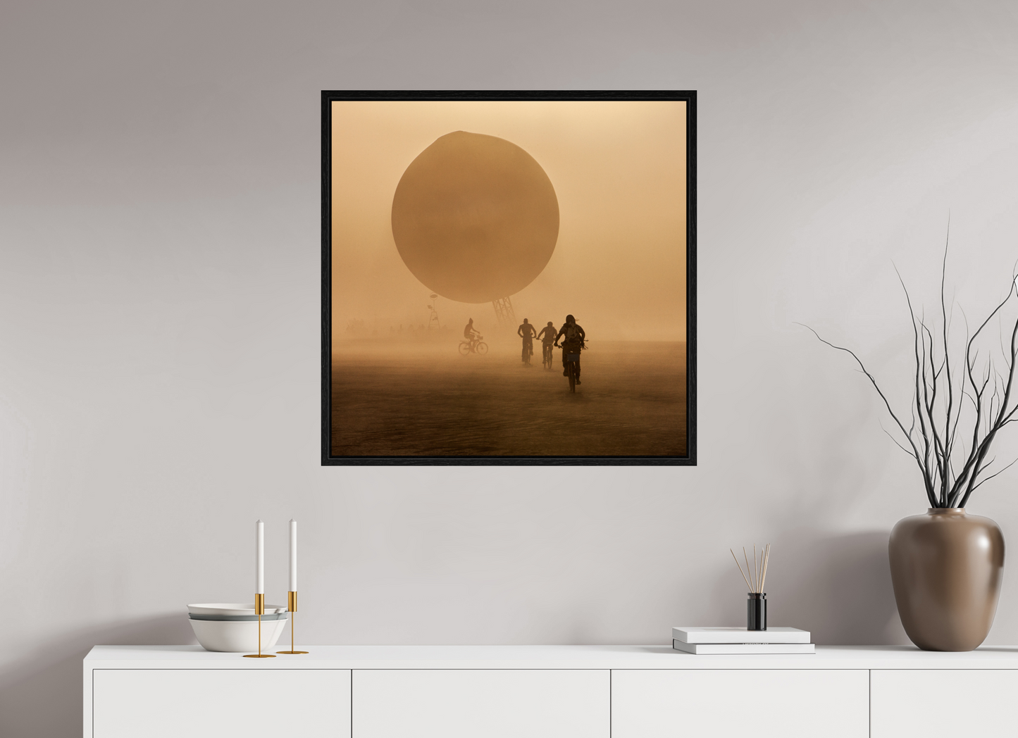 30 x 30″, Floater Frame Burning Man - Weather Balloon and Bikers