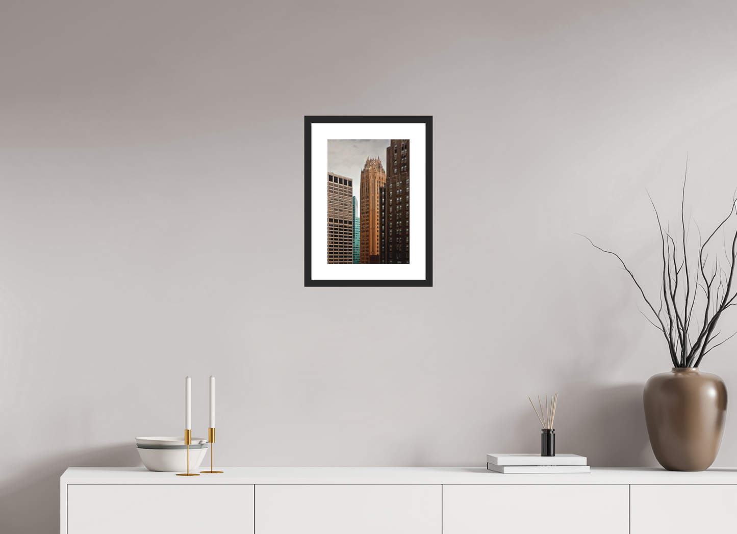 10 x 15″, Solid 0.8" Black Wood Frame With 2" Natural White Passe-Partout with Museum Glass General Electric Building