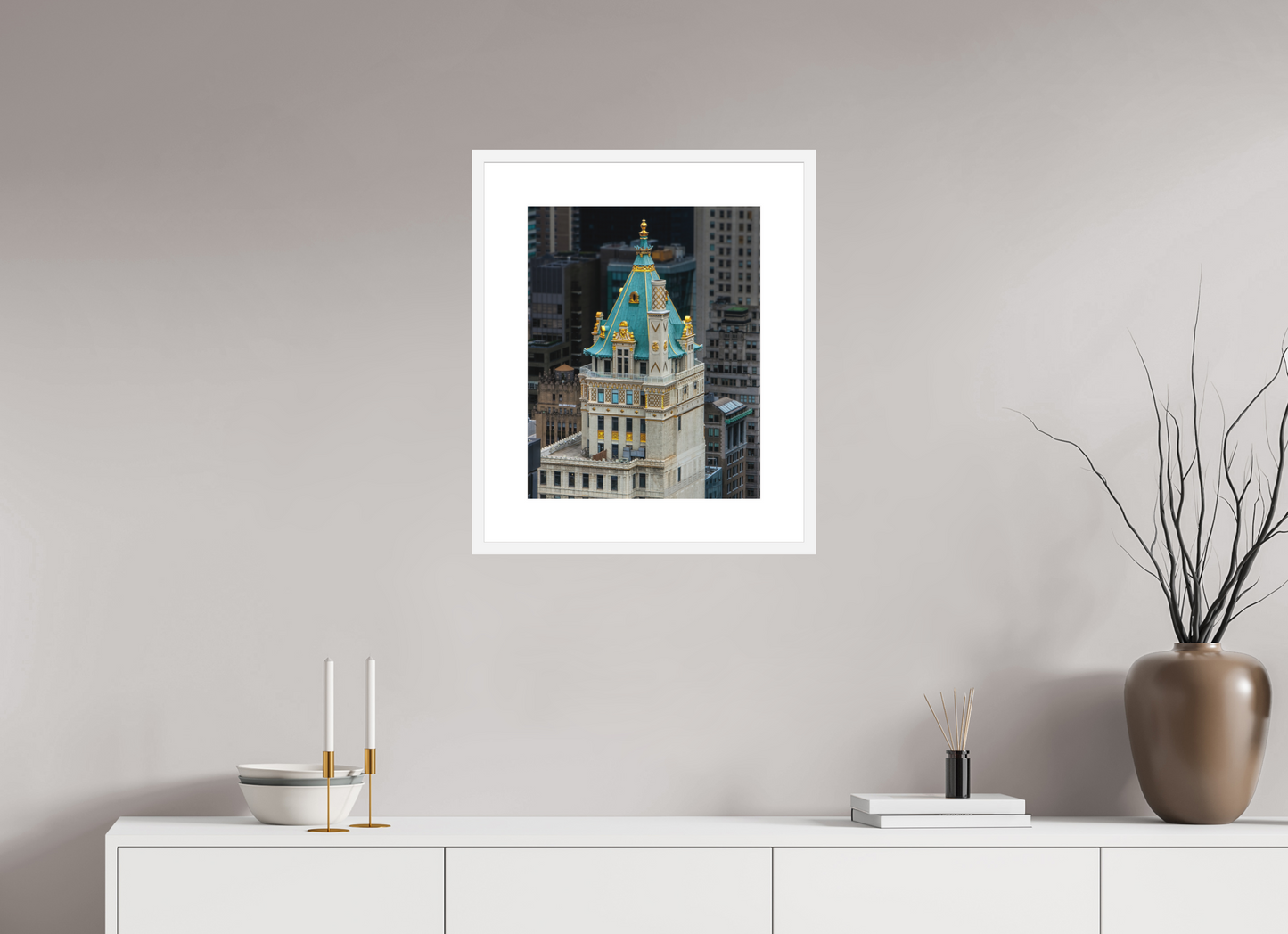 16 x 20″, Solid 0.8" White Wood Frame With 3" Natural White Passe-Partout with Museum Glass The Heckscher Building