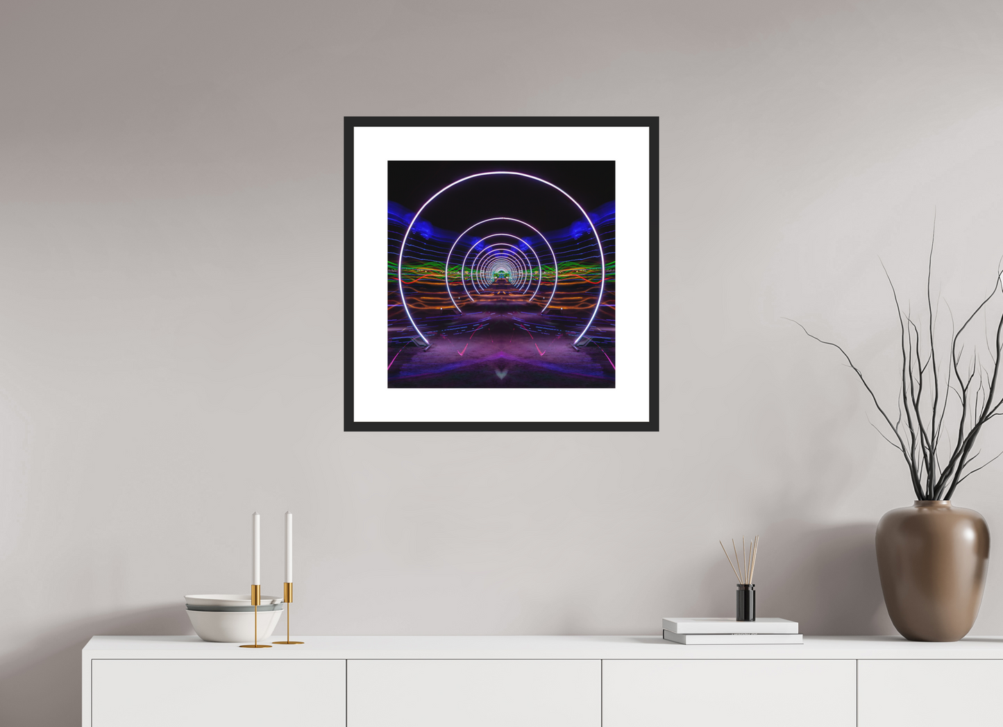 20 x 20″, Solid 0.8" Black Wood Frame With 3" Natural White Passe-Partout with Museum Glass Burning Man - Concentric Circles of Light