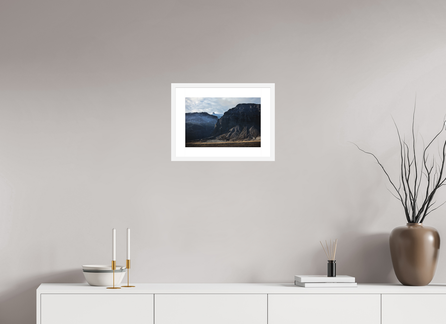 15 x 10″, Solid 0.8" White Wood Frame With 2" Natural White Passe-Partout with Museum Glass Iceland Black Mountains