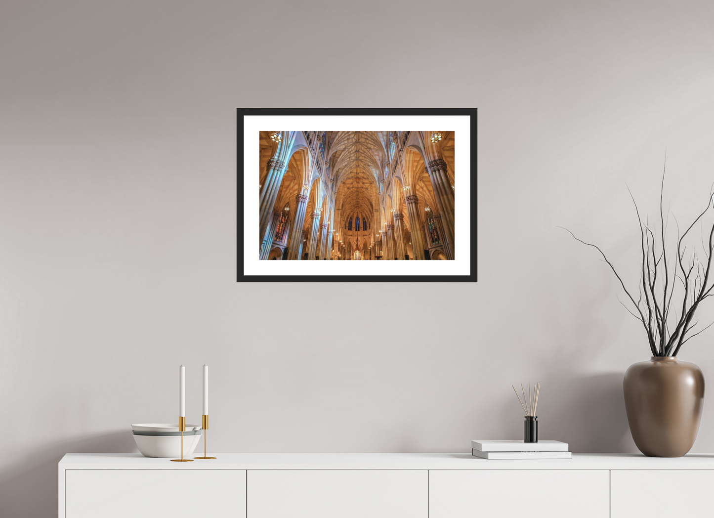 24 x 16″, Solid 0.8" Black Wood Frame With 2" Natural White Passe-Partout with Museum Glass St. Patrick's Cathedral