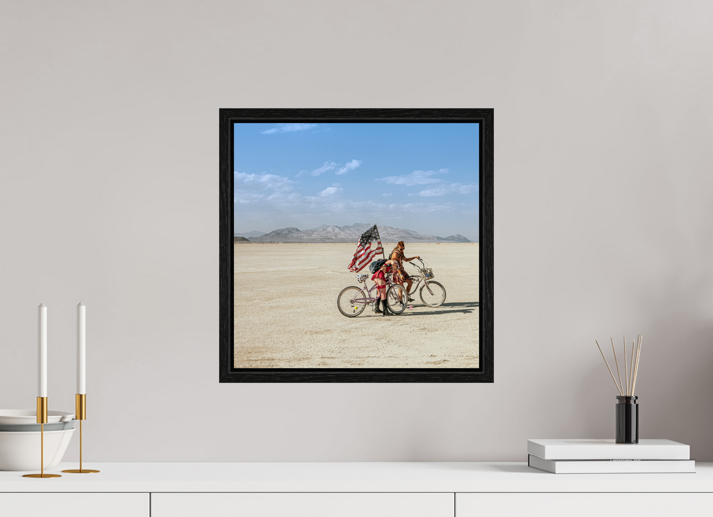 15 x 15″, Floater Frame Burning Man - Two with Bikes and USA Flag