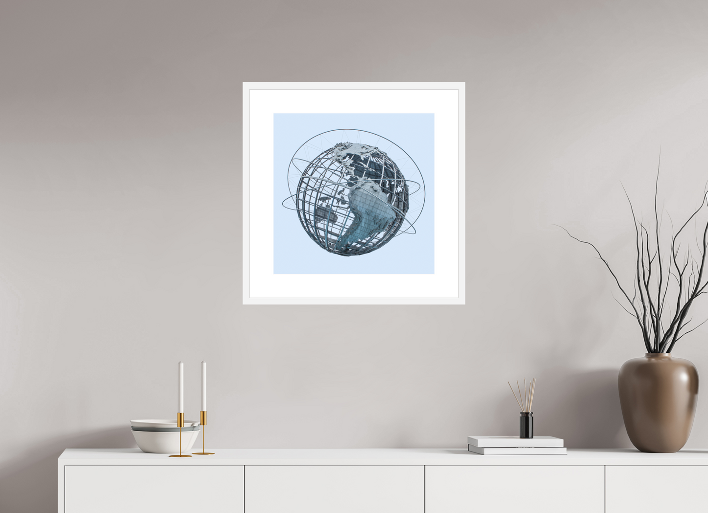 20 x 20″, Solid 0.8" White Wood Frame With 3" Natural White Passe-Partout with Museum Glass Unisphere